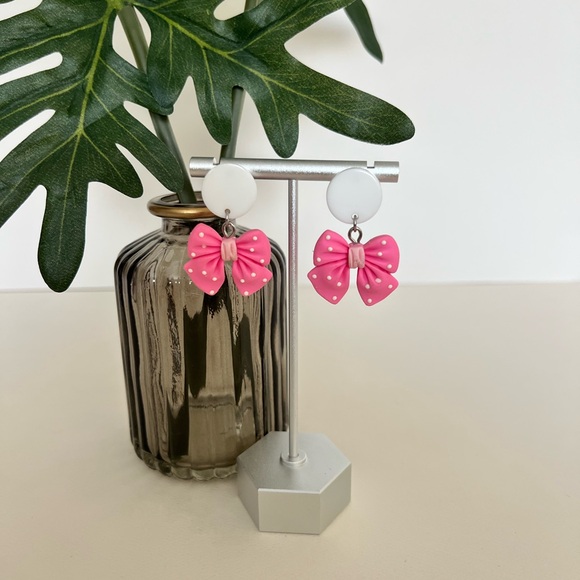 Cute Lolita Pink & Purple Bow Dangle Earrings Set - Polka-dot Bow Earrings - Picture 15 of 17